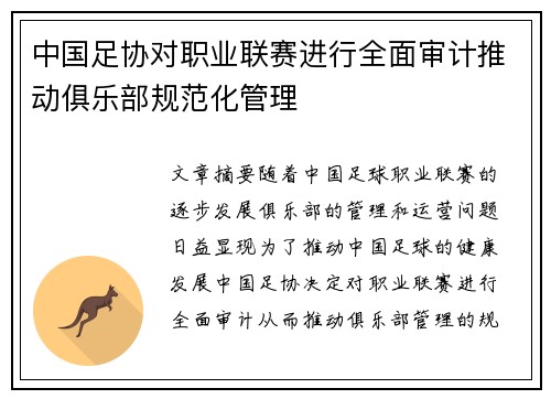 中国足协对职业联赛进行全面审计推动俱乐部规范化管理