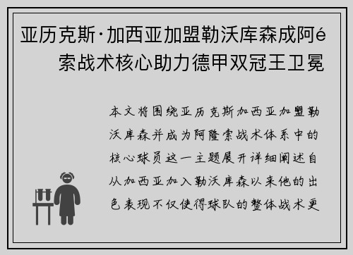 亚历克斯·加西亚加盟勒沃库森成阿隆索战术核心助力德甲双冠王卫冕