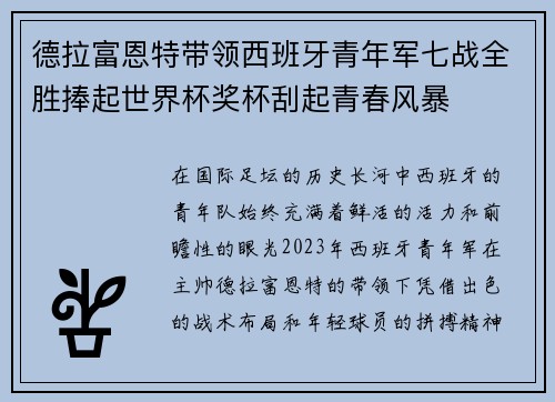 德拉富恩特带领西班牙青年军七战全胜捧起世界杯奖杯刮起青春风暴
